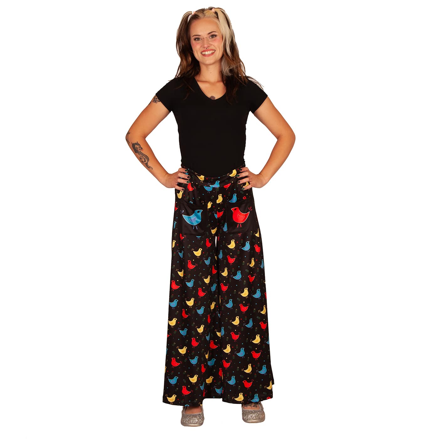 Chirp Wide Leg Pants by RainbowsAndFairies.com.au (Cute Birds - Partridge Family Inspired - Pants With Pockets - Pallazo Pants - Flares) - SKU: CL_WIDEL_CHIRP_ORG - Pic-02
