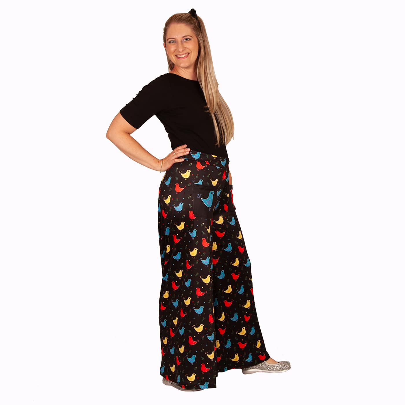 Chirp Wide Leg Pants by RainbowsAndFairies.com.au (Cute Birds - Partridge Family Inspired - Pants With Pockets - Pallazo Pants - Flares) - SKU: CL_WIDEL_CHIRP_ORG - Pic-04