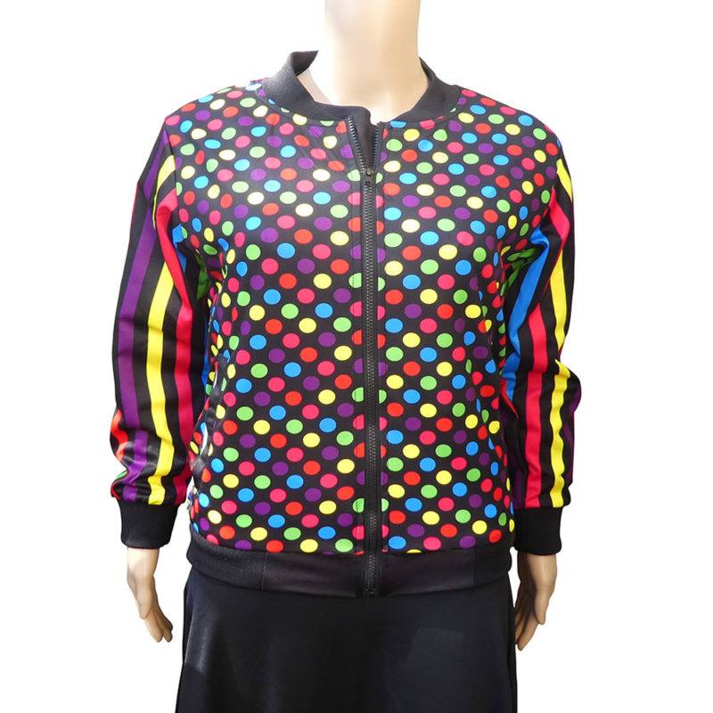 Confetti Bomber Jacket by RainbowsAndFairies.com (Rainbow Colours - Polka Dot - Stripes - Vibrant - Biker Jacket - Coat - Rock & Roll) - SKU: CL_BOMBJ_CONFT_ORG - Pic 01