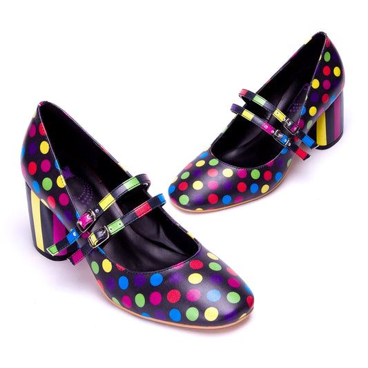 Confetti Heels by RainbowsAndFairies.com (Coloured Polka Dots - Bright Colours - Rainbows - Quirky Shoes - Comfy Heels - Kitten Heels) - SKU: FW_HEELS_CONFT_ORG - Pic 01