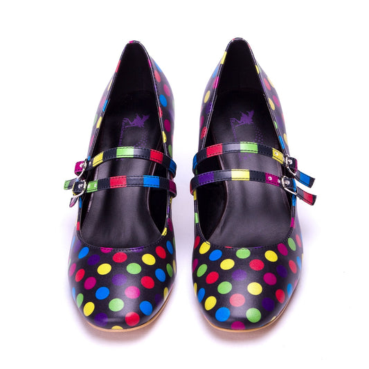 Confetti Heels by RainbowsAndFairies.com (Coloured Polka Dots - Bright Colours - Rainbows - Quirky Shoes - Comfy Heels - Kitten Heels) - SKU: FW_HEELS_CONFT_ORG - Pic 02