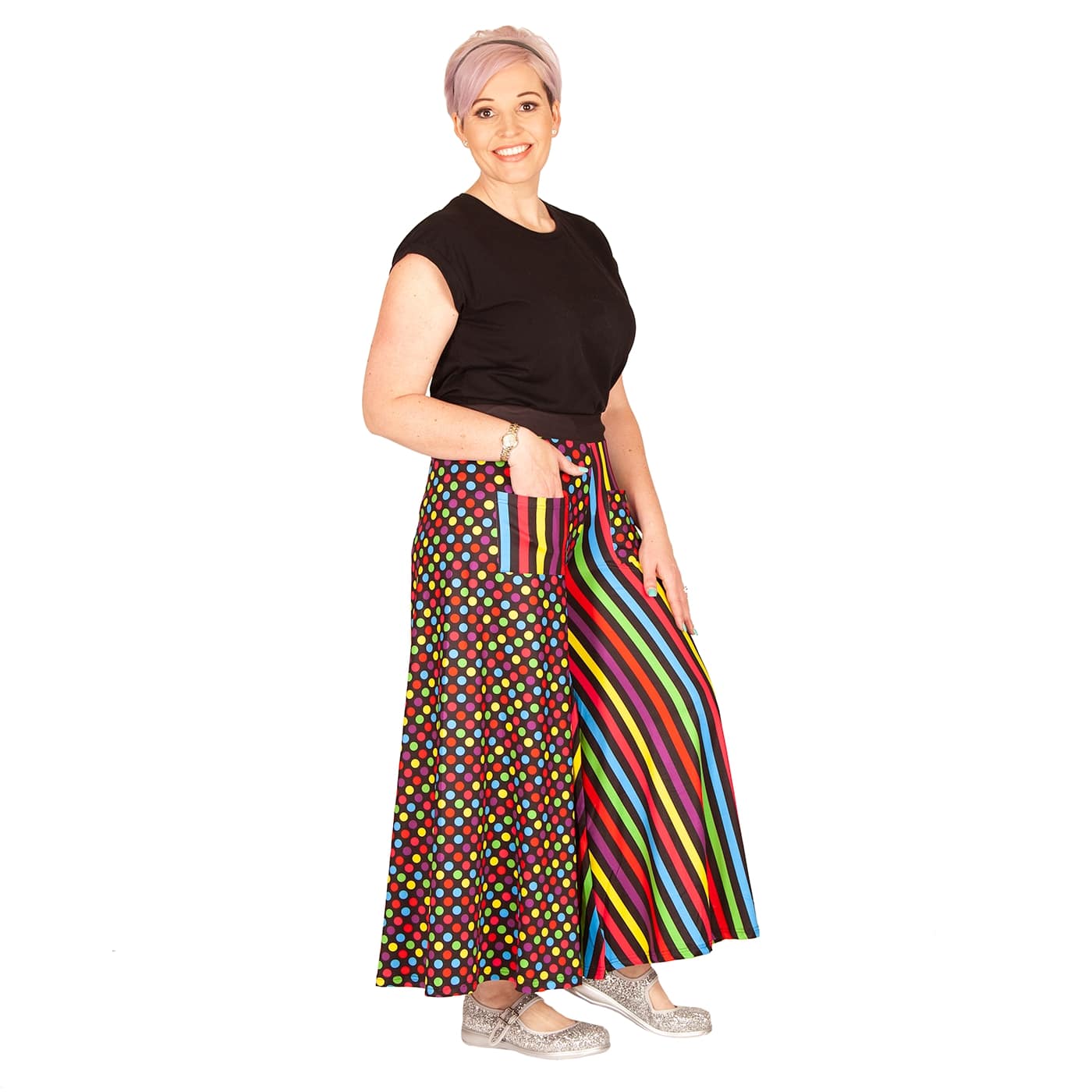 Confetti Wide Leg Pants by RainbowsAndFairies.com (Rainbow Colours - Polka Dots - Stripes - Vibrant - Pallazo Pants - Vintage Inspired - Pants With Pockets) - SKU: CL_WIDEL_CONFT_ORG - Pic 03