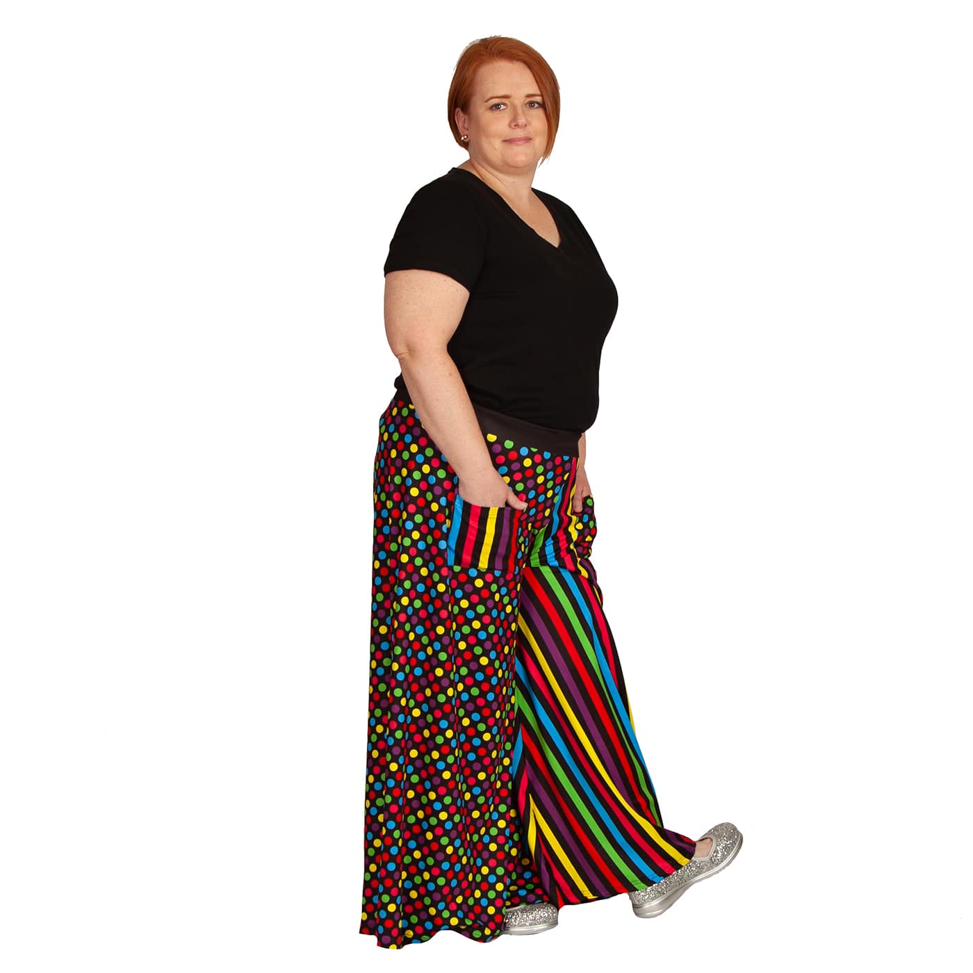 Confetti Wide Leg Pants by RainbowsAndFairies.com (Rainbow Colours - Polka Dots - Stripes - Vibrant - Pallazo Pants - Vintage Inspired - Pants With Pockets) - SKU: CL_WIDEL_CONFT_ORG - Pic 07
