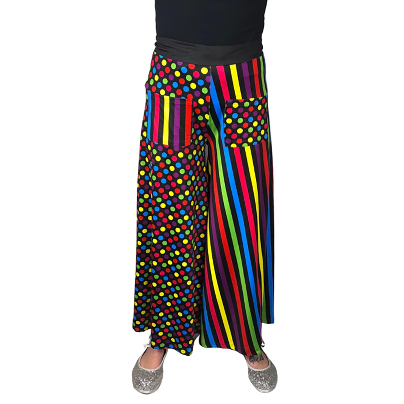 Confetti Wide Leg Pants by RainbowsAndFairies.com (Rainbow Colours - Polka Dots - Stripes - Vibrant - Pallazo Pants - Vintage Inspired - Pants With Pockets) - SKU: CL_WIDEL_CONFT_ORG - Pic 01