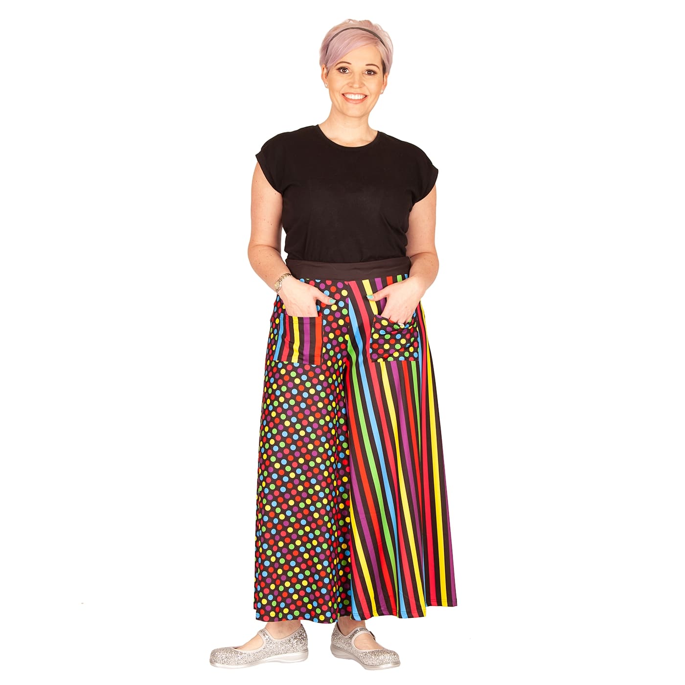 Confetti Wide Leg Pants by RainbowsAndFairies.com (Rainbow Colours - Polka Dots - Stripes - Vibrant - Pallazo Pants - Vintage Inspired - Pants With Pockets) - SKU: CL_WIDEL_CONFT_ORG - Pic 02