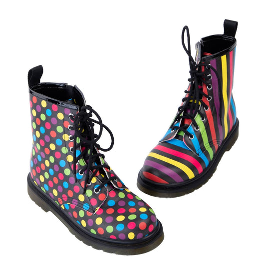 Confetti Wonder Boots by RainbowsAndFairies.com.au (Polka Dots - Rainbow Stripes - Combat Boots - Mismatched Shoes - Side Zip Boots) - SKU: FW_WONDR_CONFT_ORG - Pic-01