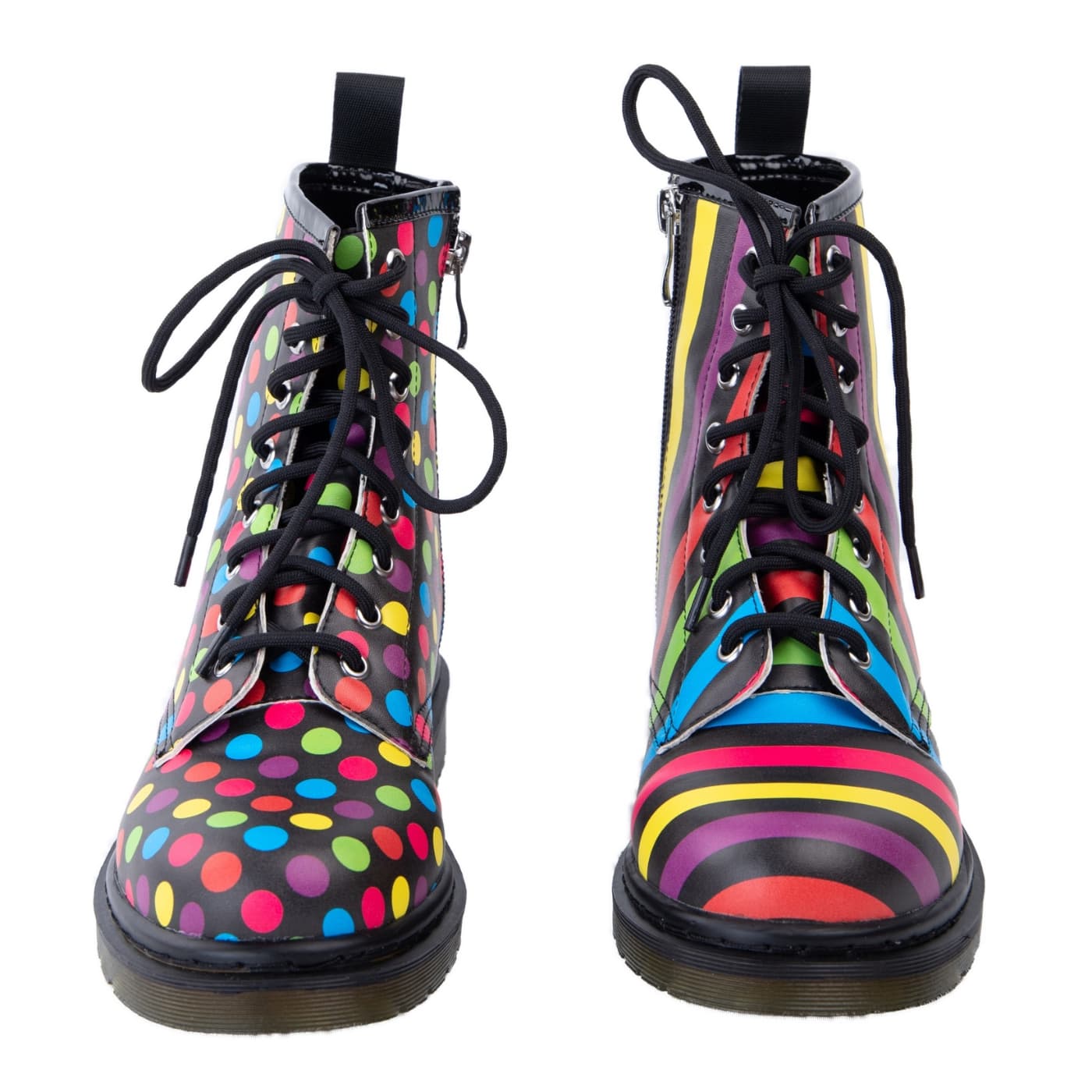 Confetti Wonder Boots by RainbowsAndFairies.com.au (Polka Dots - Rainbow Stripes - Combat Boots - Mismatched Shoes - Side Zip Boots) - SKU: FW_WONDR_CONFT_ORG - Pic-02