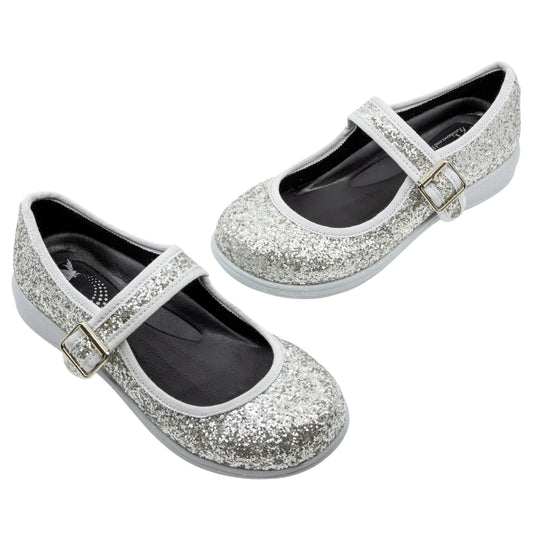 Disco Mary Janes by RainbowsAndFairies.com.au (Silver Glitter - Disco Ball - Sparkle Shoes - Buckle Shoes - Mismatched Shoes - Cute & Comfy) - SKU: FW_MARYJ_DISCO_ORG - Pic-01