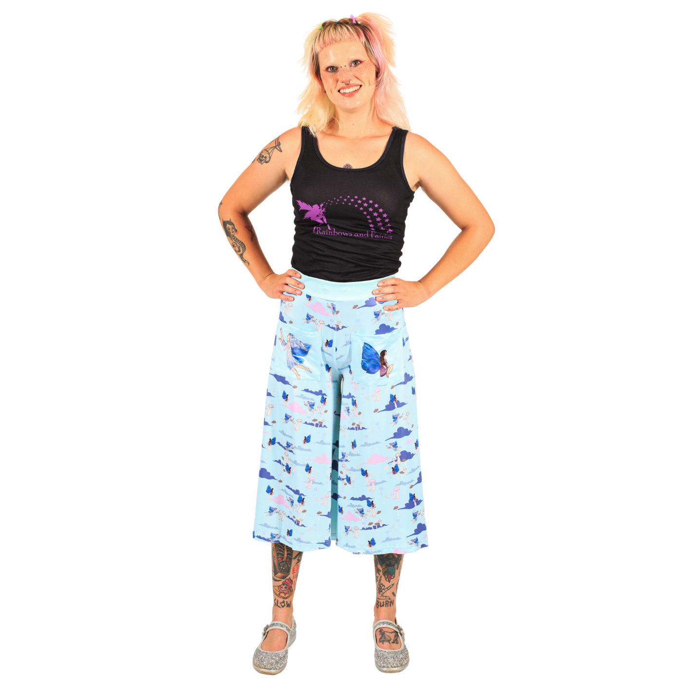 Fairy Garden Culottes by RainbowsAndFairies.com (Fairies - Toadstool - Pastel - 3 Quarter Pants - Rockabilly - Vintage Inspired) - SKU: CL_CULTS_FAIRY_ORG - Pic 02