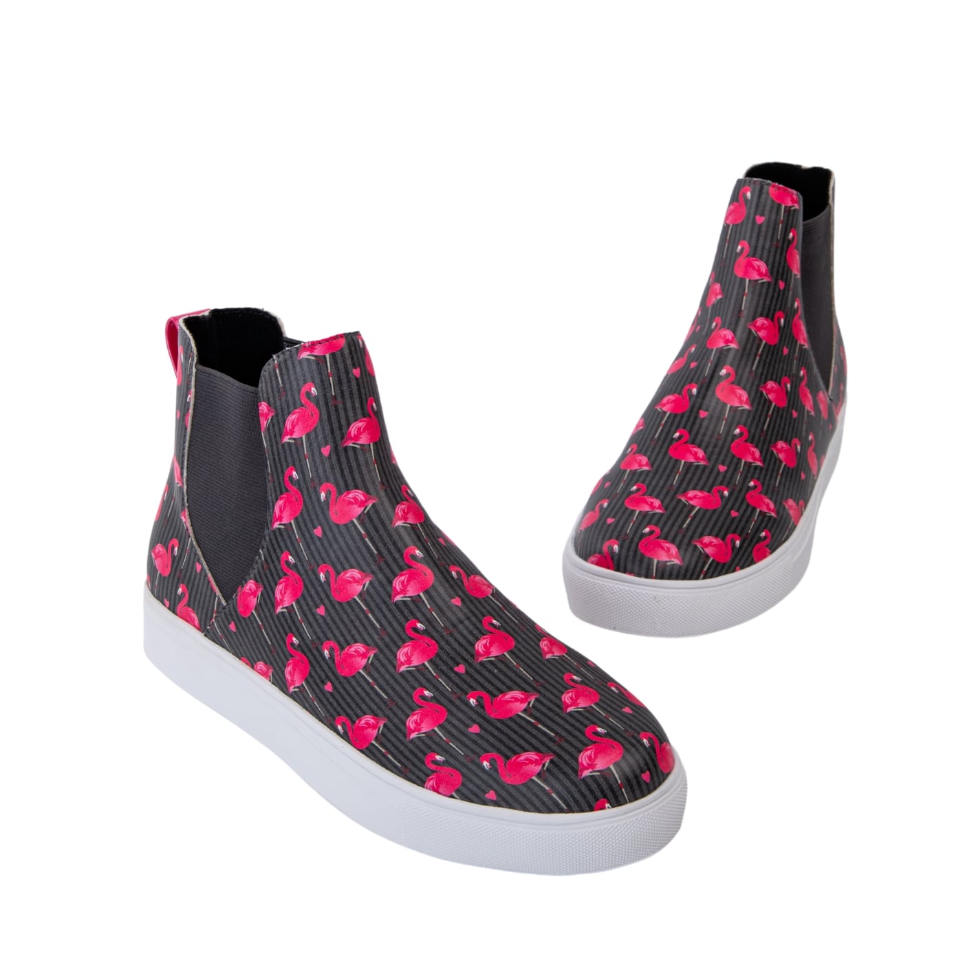 Flamingo Hi Tops by RainbowsAndFairies.com.au (Chelsea Boots - Black - Pink - Mismatched Shoes - Vegan Shoes - Bird Print - Elastic Side Boots) - SKU: FW_HITOP_FLOVE_BLK - Pic-01