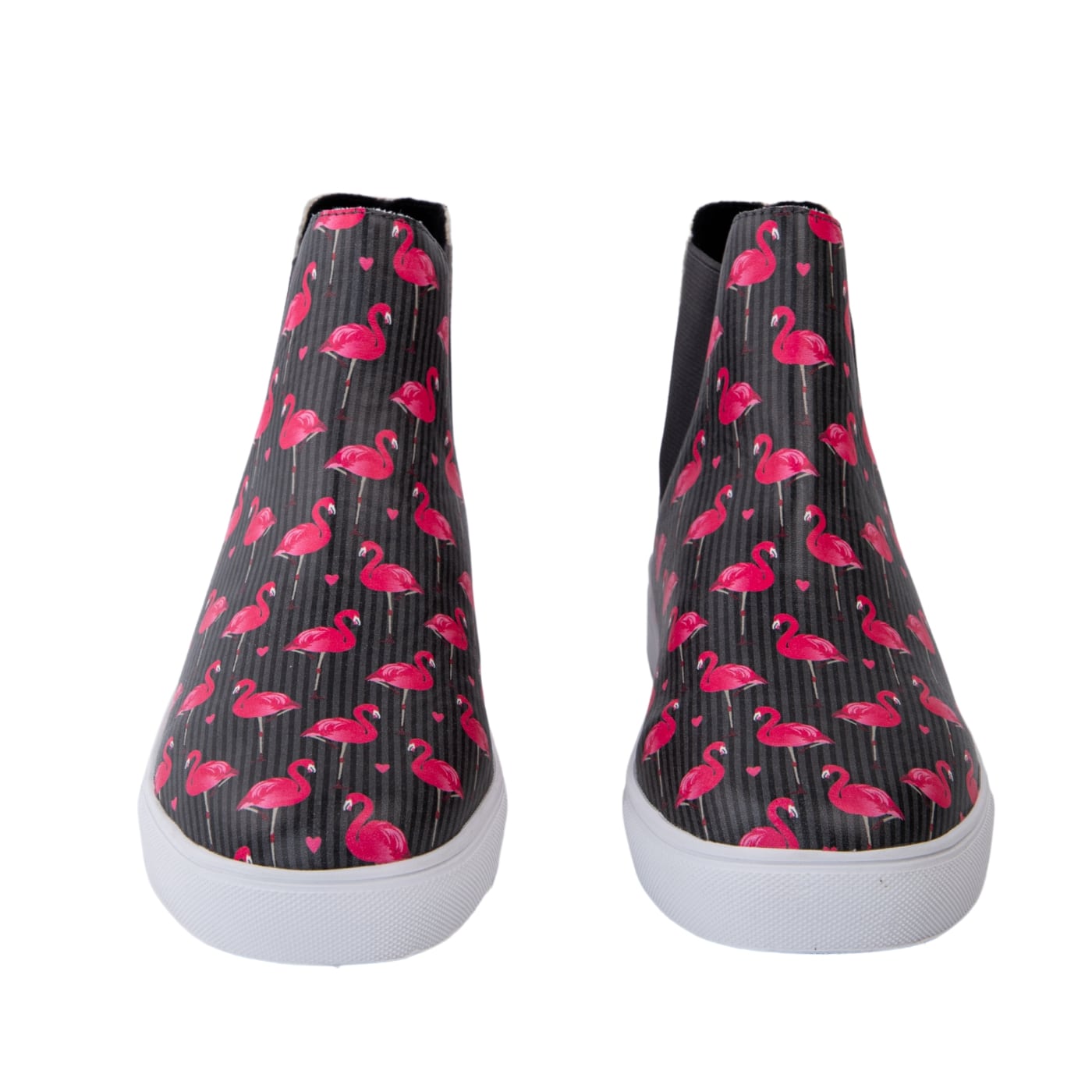 Flamingo Hi Tops by RainbowsAndFairies.com.au (Chelsea Boots - Black - Pink - Mismatched Shoes - Vegan Shoes - Bird Print - Elastic Side Boots) - SKU: FW_HITOP_FLOVE_BLK - Pic-02