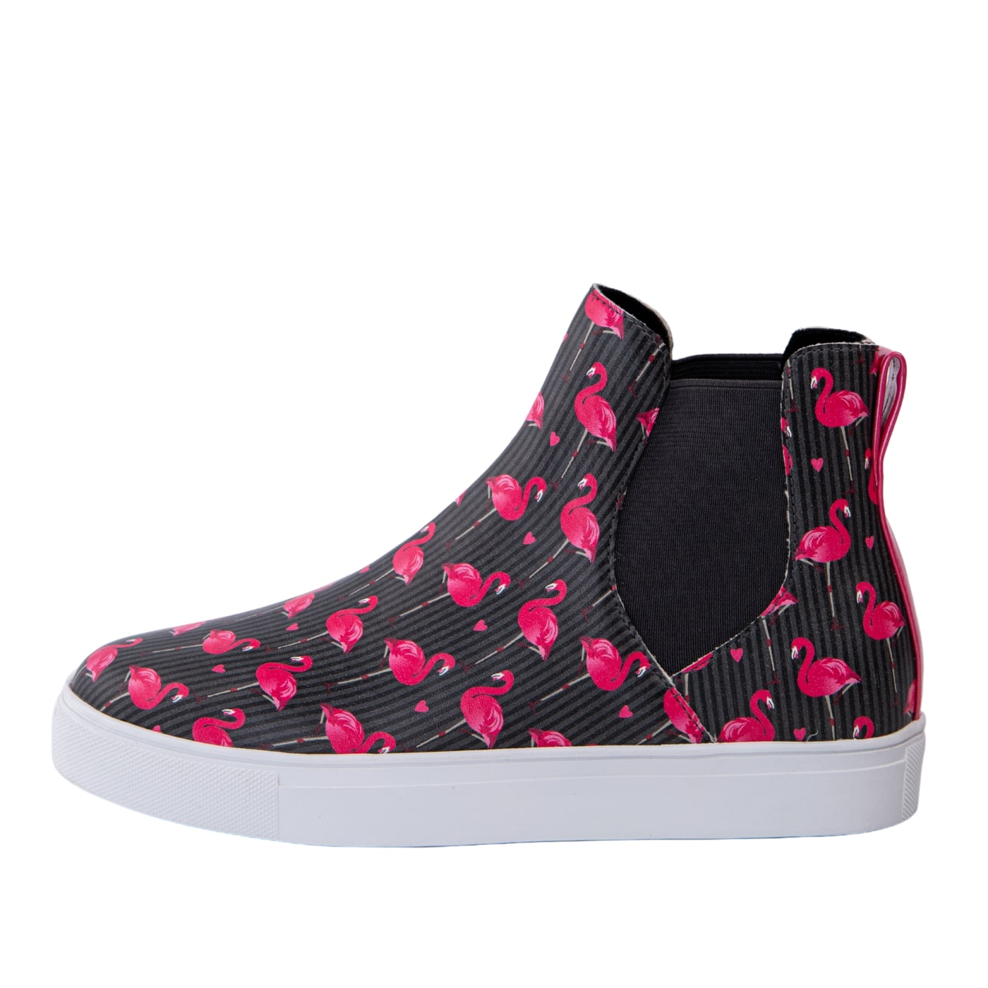 Flamingo Hi Tops by RainbowsAndFairies.com.au (Chelsea Boots - Black - Pink - Mismatched Shoes - Vegan Shoes - Bird Print - Elastic Side Boots) - SKU: FW_HITOP_FLOVE_BLK - Pic-03