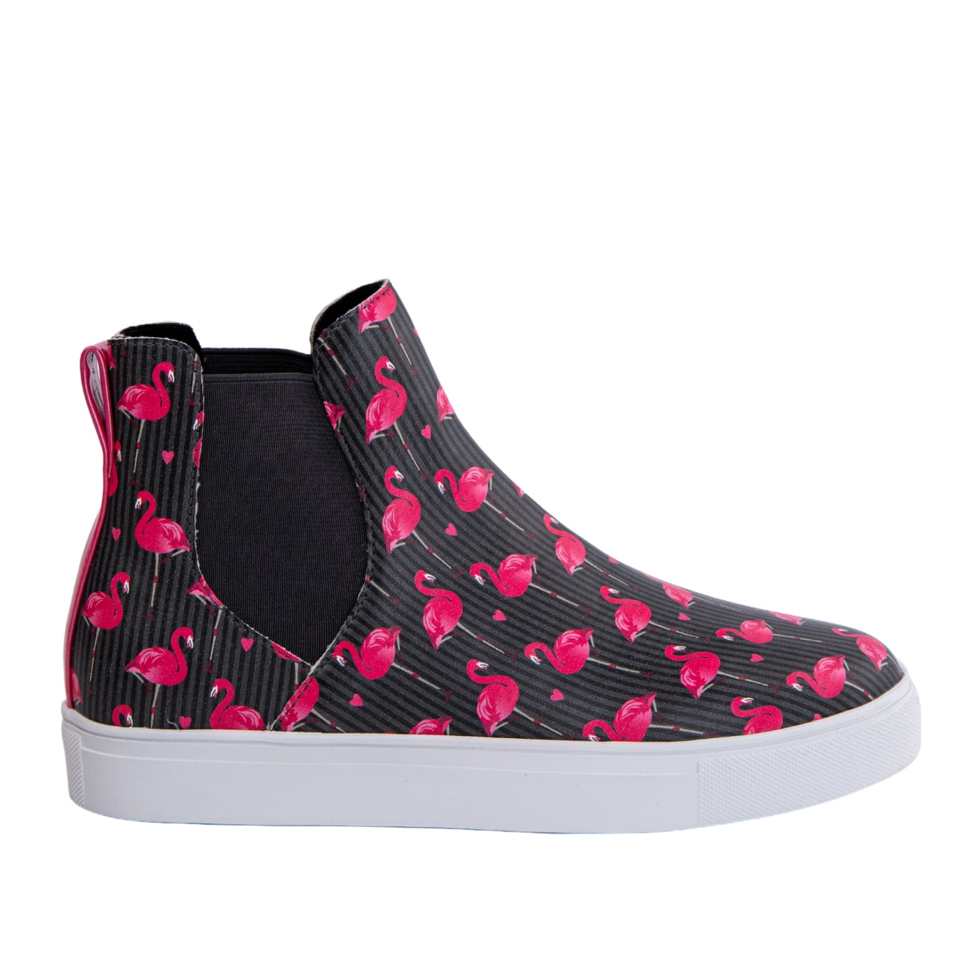 Flamingo Hi Tops by RainbowsAndFairies.com.au (Chelsea Boots - Black - Pink - Mismatched Shoes - Vegan Shoes - Bird Print - Elastic Side Boots) - SKU: FW_HITOP_FLOVE_BLK - Pic-04