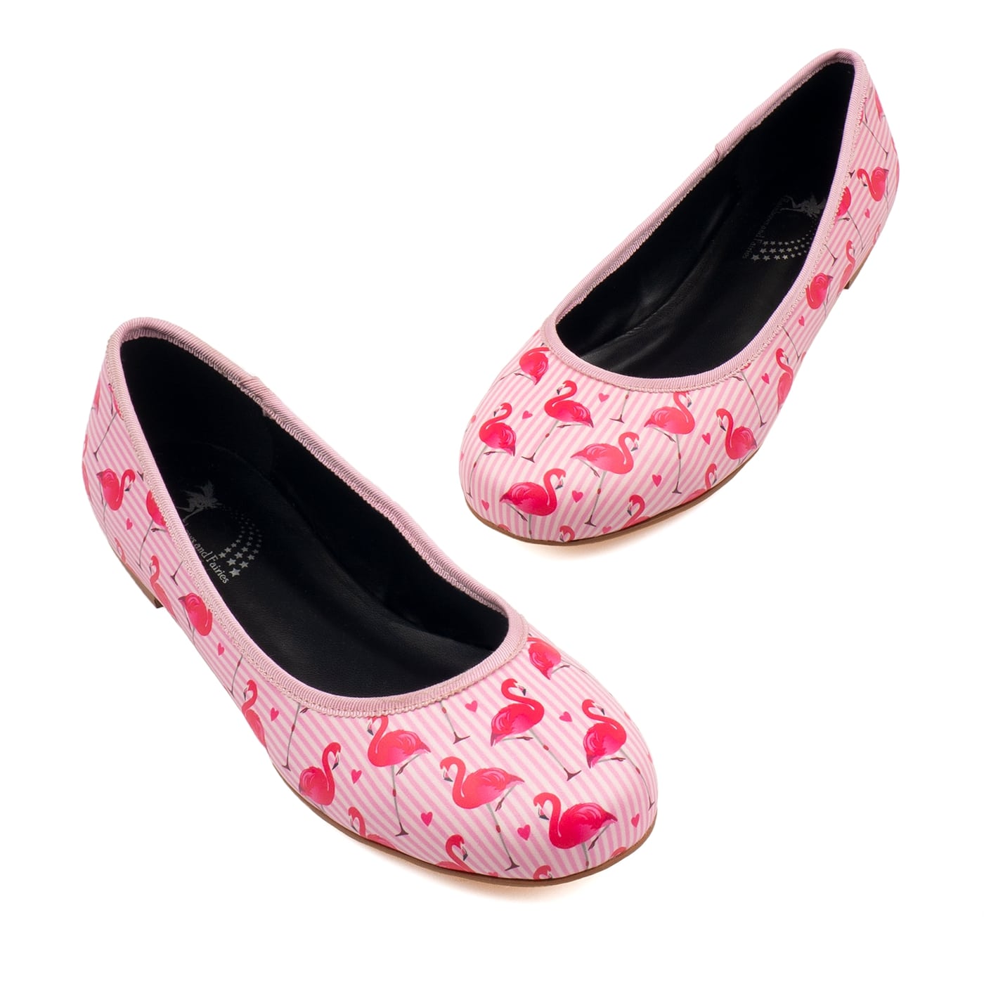 Flamingo Love Ballet Flats by RainbowsAndFairies.com (Flamingos - Pink & White Stripes - Love Hearts - Slip Ons - Shoes) - SKU: FW_BALET_FLOVE_ORG - Pic 01