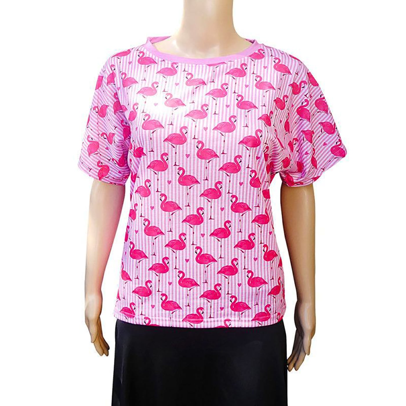 Flamingo Love Batwing Top by RainbowsAndFairies.com (Pink & White - Stripes - Love Hearts - Kitsch - Shirt - Vintage Inspired - Rock & Roll) - SKU: CL_BATOP_FLOVE_ORG - Pic 01