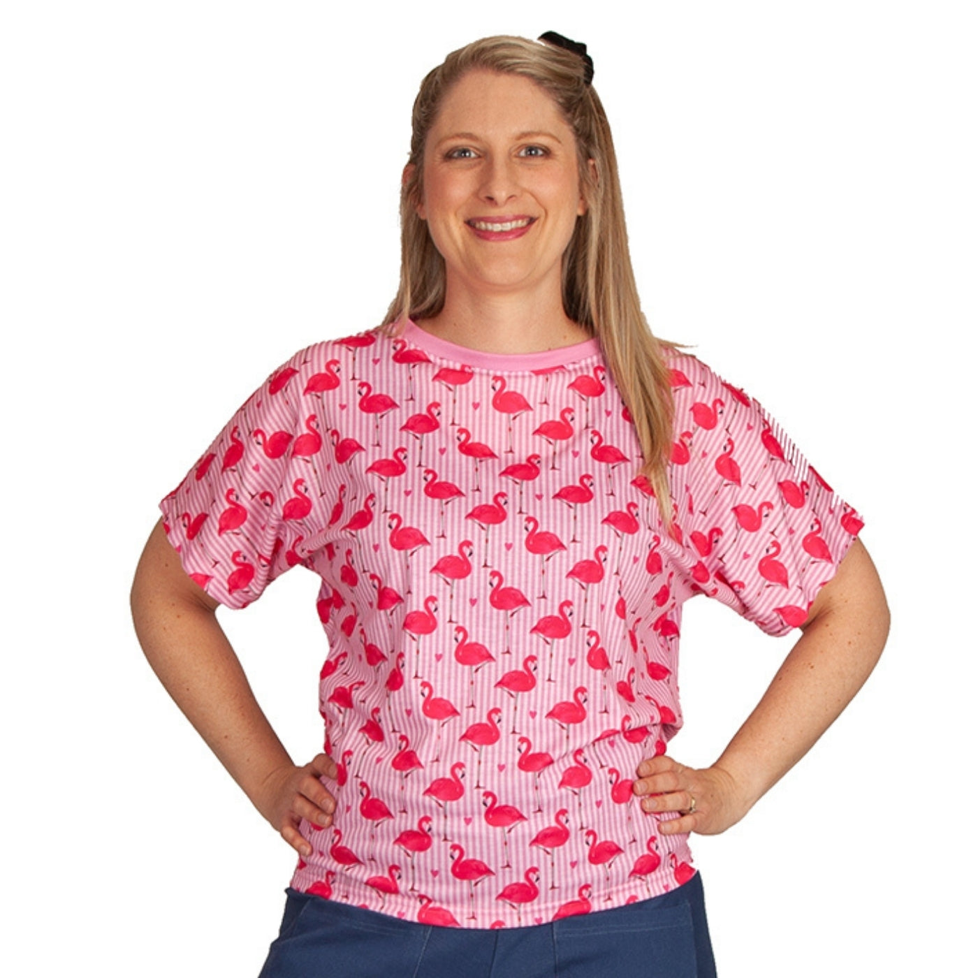 Flamingo Love Batwing Top by RainbowsAndFairies.com (Pink & White - Stripes - Love Hearts - Kitsch - Shirt - Vintage Inspired - Rock & Roll) - SKU: CL_BATOP_FLOVE_ORG - Pic 02