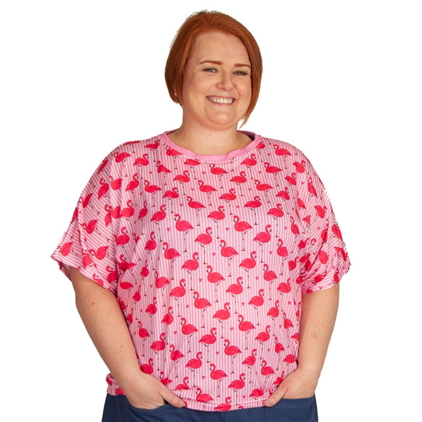 Flamingo Love Batwing Top by RainbowsAndFairies.com (Pink & White - Stripes - Love Hearts - Kitsch - Shirt - Vintage Inspired - Rock & Roll) - SKU: CL_BATOP_FLOVE_ORG - Pic 03