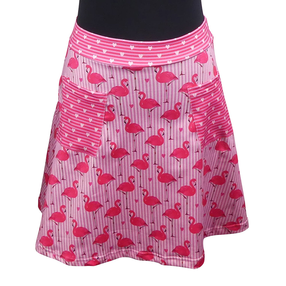Flamingo Love Short Skirt by RainbowsAndFairies.com (Flamingo - Pink & White Stripes - Love Hearts - Skirt With Pockets - Aline Skirt - Cute Flirty - Vintage Inspired) - SKU: CL_SHORT_FLOVE_ORG - Pic 01