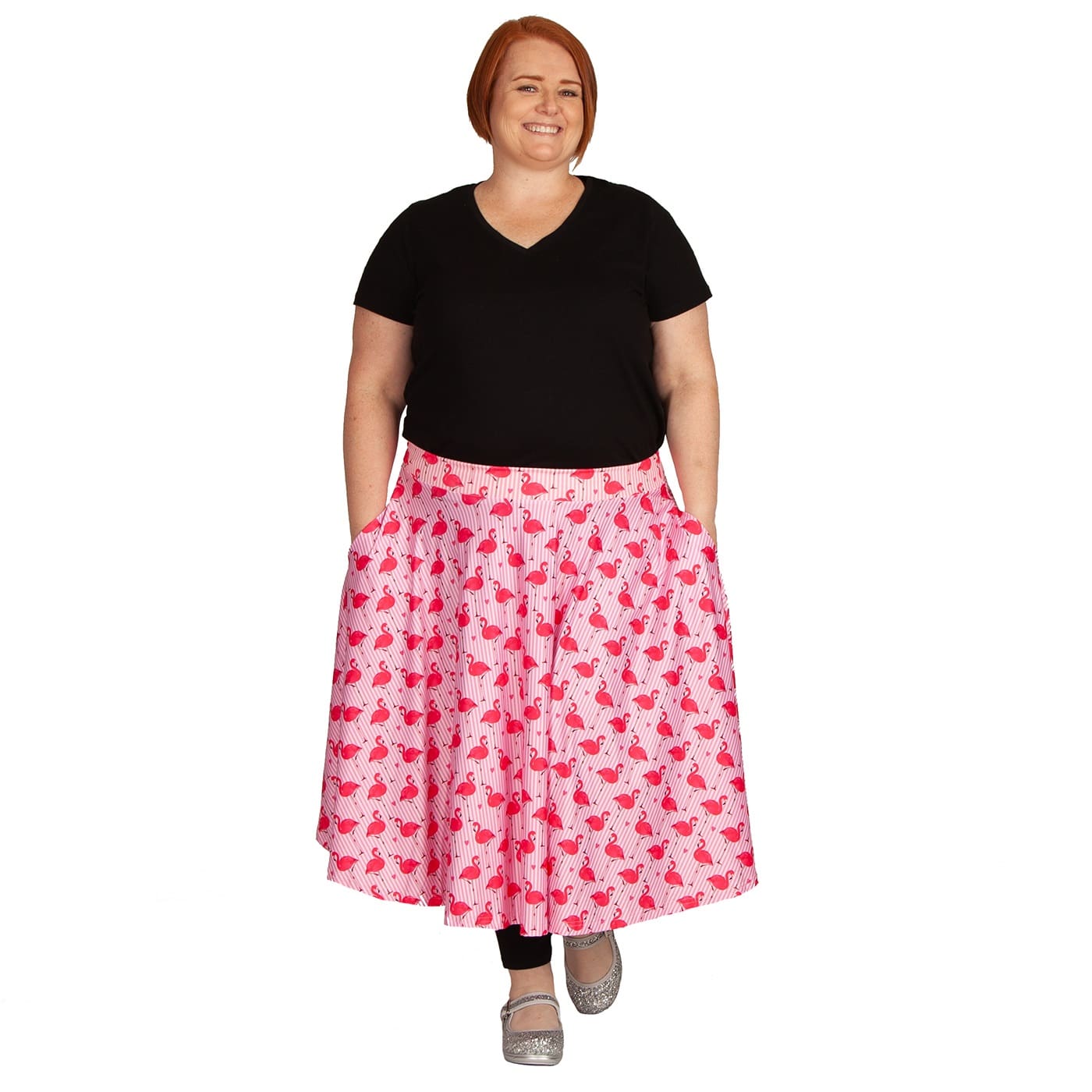 Flamingo Love Swishy Skirt by RainbowsAndFairies.com.au (Flamingo - Pink Stripe - Birds - Animal Print - Circle Skirt With Pockets - Mod Retro) - SKU: CL_SWISH_FLOVE_ORG - Pic-07
