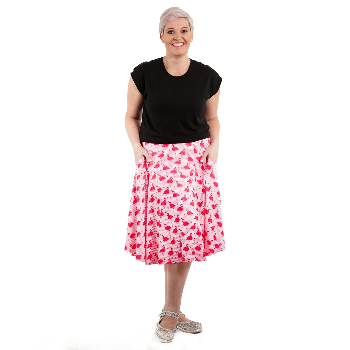 Flamingo Love Swishy Skirt by RainbowsAndFairies.com.au (Flamingo - Pink Stripe - Birds - Animal Print - Circle Skirt With Pockets - Mod Retro) - SKU: CL_SWISH_FLOVE_ORG - Pic-05