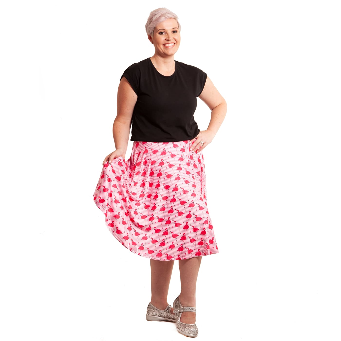 Flamingo Love Swishy Skirt by RainbowsAndFairies.com.au (Flamingo - Pink Stripe - Birds - Animal Print - Circle Skirt With Pockets - Mod Retro) - SKU: CL_SWISH_FLOVE_ORG - Pic-06