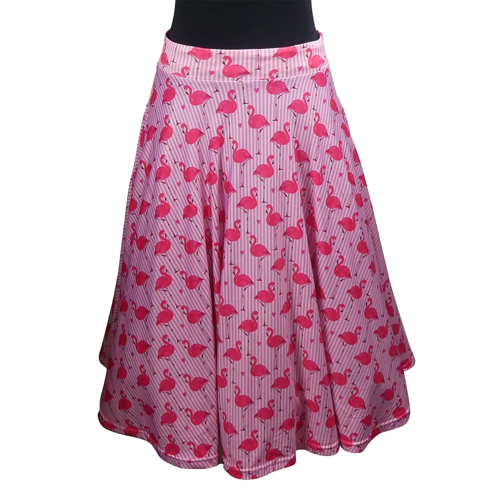 Flamingo Love Swishy Skirt by RainbowsAndFairies.com.au (Flamingo - Pink Stripe - Birds - Animal Print - Circle Skirt With Pockets - Mod Retro) - SKU: CL_SWISH_FLOVE_ORG - Pic-01