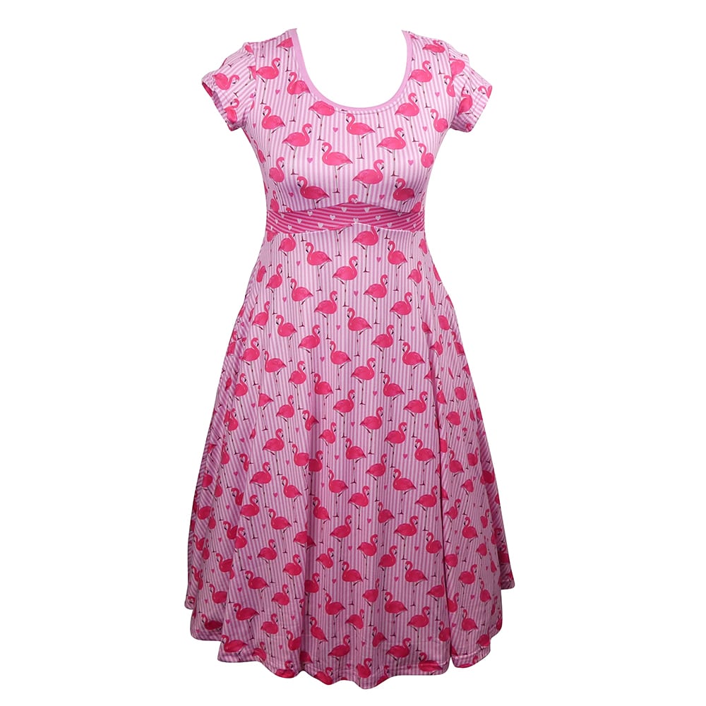 Flamingo Love Tea Dress by RainbowsAndFairies.com (Flamingo - Pink & White Stripes - Love Hearts - Hot Pink - Rock & Roll - Dress With Pockets - Rockabilly - Vintage Inspired) - SKU: CL_TEADR_FLOVE_ORG - Pic 01