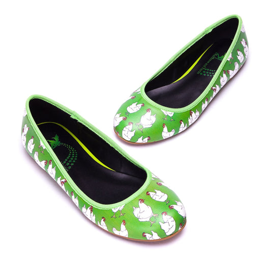 Flock Ballet Flats by RainbowsAndFairies.com (Chicken - Chooks - Bright Green - Quirky Shoes - Slip Ons - Comfy Flats) - SKU: FW_BALET_FLOCK_ORG - Pic 01
