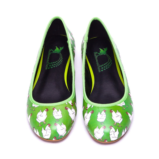 Flock Ballet Flats by RainbowsAndFairies.com (Chicken - Chooks - Bright Green - Quirky Shoes - Slip Ons - Comfy Flats) - SKU: FW_BALET_FLOCK_ORG - Pic 02