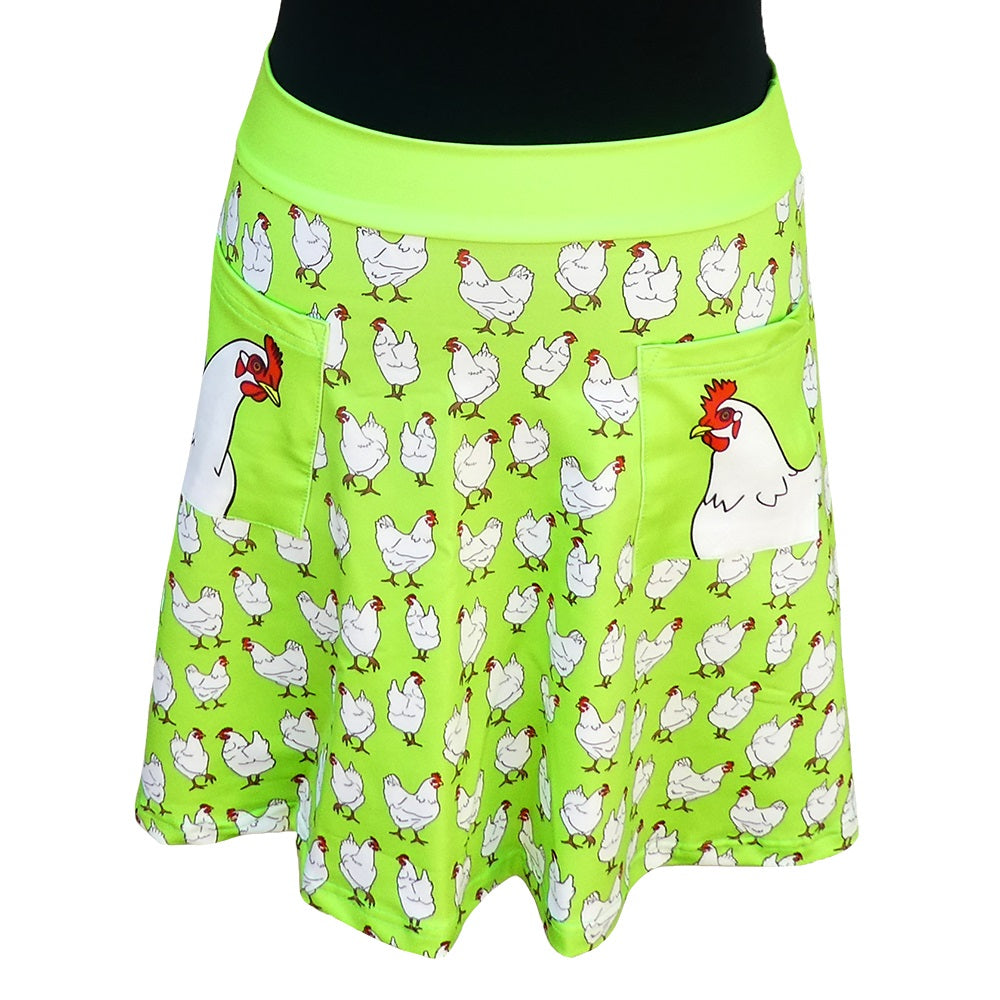Flock Short Skirt by RainbowsAndFairies.com (Chickens - Chooks - Bright Green - Skirt With Pockets - Aline Skirt - Cute Flirty - Vintage Inspired) - SKU: CL_SHORT_FLOCK_ORG - Pic 01