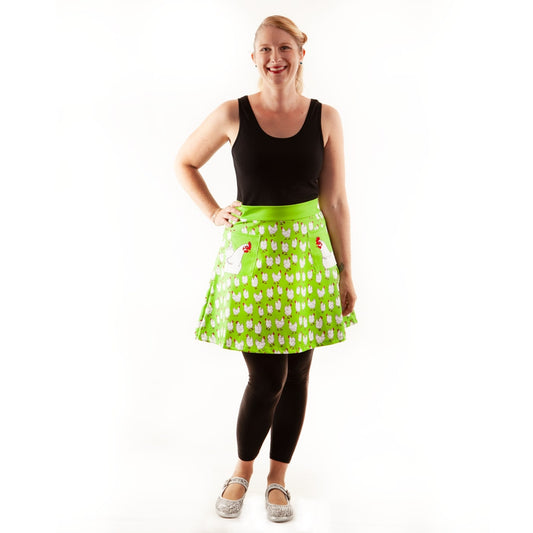 Flock Short Skirt by RainbowsAndFairies.com (Chickens - Chooks - Bright Green - Skirt With Pockets - Aline Skirt - Cute Flirty - Vintage Inspired) - SKU: CL_SHORT_FLOCK_ORG - Pic 03