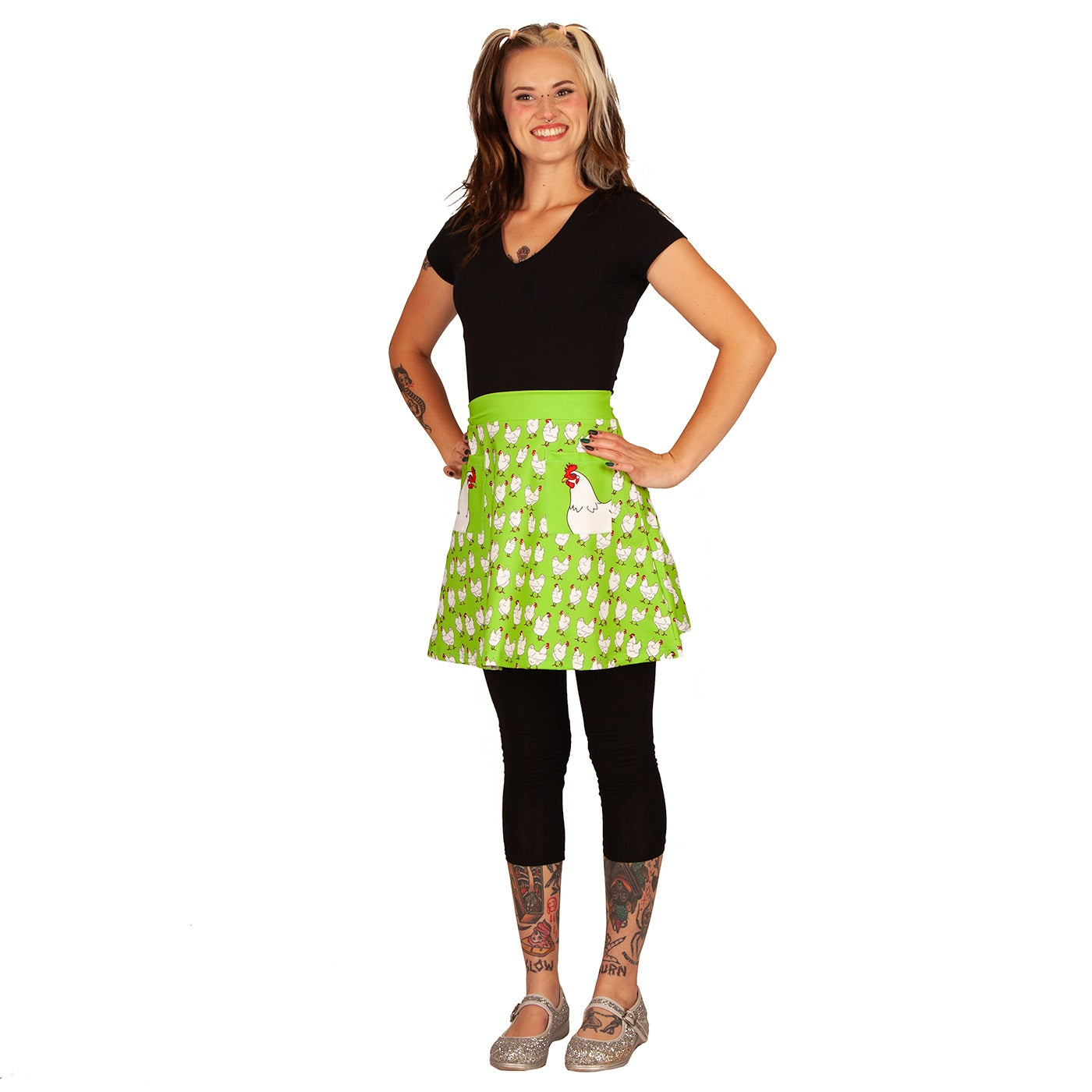 Flock Short Skirt by RainbowsAndFairies.com (Chickens - Chooks - Bright Green - Skirt With Pockets - Aline Skirt - Cute Flirty - Vintage Inspired) - SKU: CL_SHORT_FLOCK_ORG - Pic 05