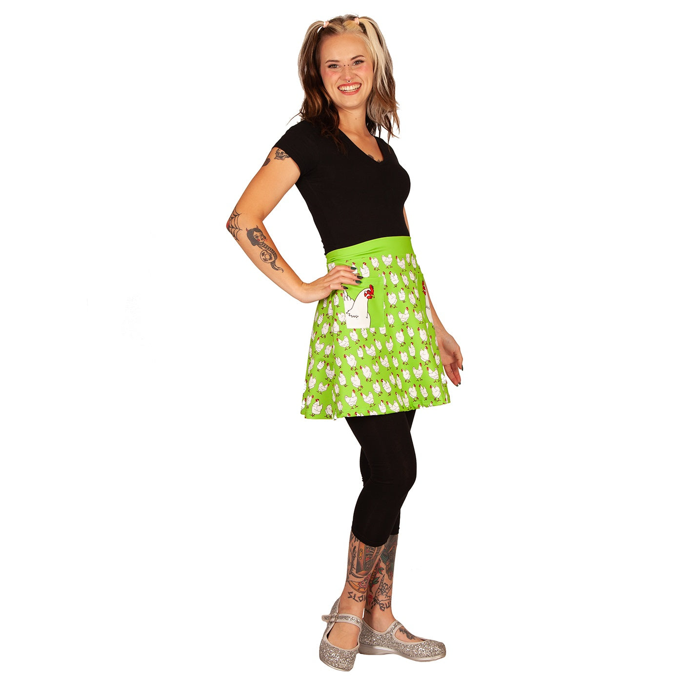 Flock Short Skirt by RainbowsAndFairies.com (Chickens - Chooks - Bright Green - Skirt With Pockets - Aline Skirt - Cute Flirty - Vintage Inspired) - SKU: CL_SHORT_FLOCK_ORG - Pic 06
