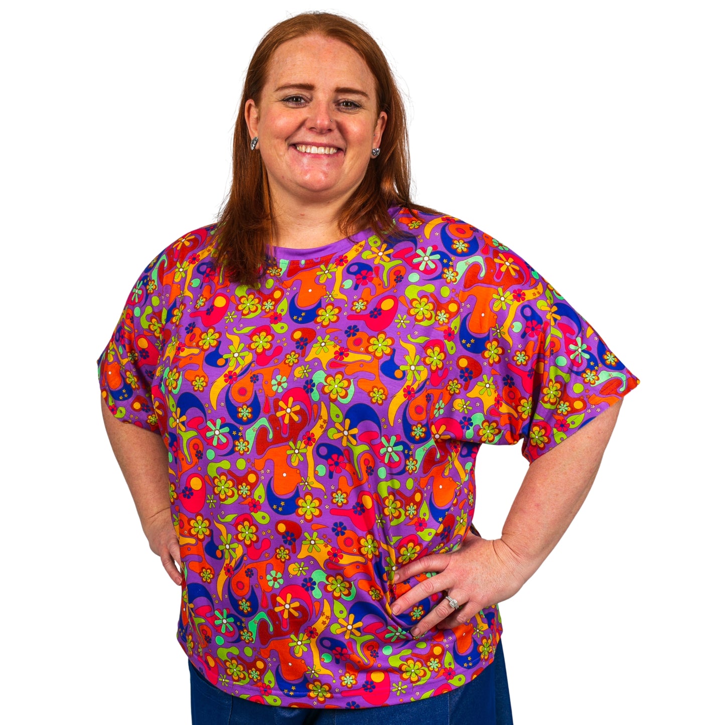 Flower Power Batwing Top by RainbowsAndFairies.com.au (Floral Print - Woodstock - Psychedelic Print - Knit Top - Kitsch - Vintage Inspired - Retro Top) - SKU: CL_BATOP_FLOPO_ORG - Pic-02