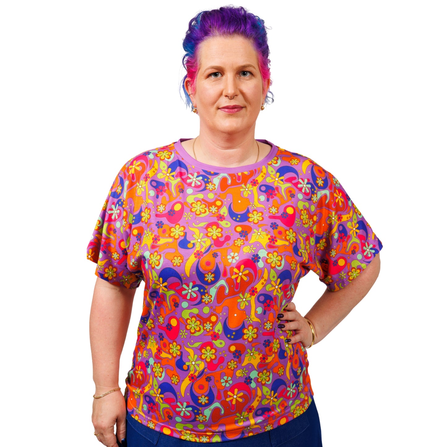 Flower Power Batwing Top by RainbowsAndFairies.com.au (Floral Print - Woodstock - Psychedelic Print - Knit Top - Kitsch - Vintage Inspired - Retro Top) - SKU: CL_BATOP_FLOPO_ORG - Pic-04