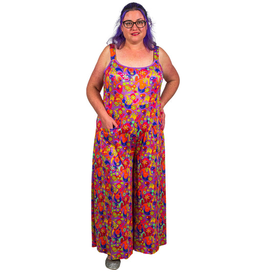 Flower Power Jumpsuit by RainbowsAndFairies.com.au (Floral Print - Woodstock - Psychedelic - Overalls - Kitsch - Retro - Wide Leg Pants - Rockabilly) - SKU: CL_JUMPS_FLOPO_ORG - Pic-04