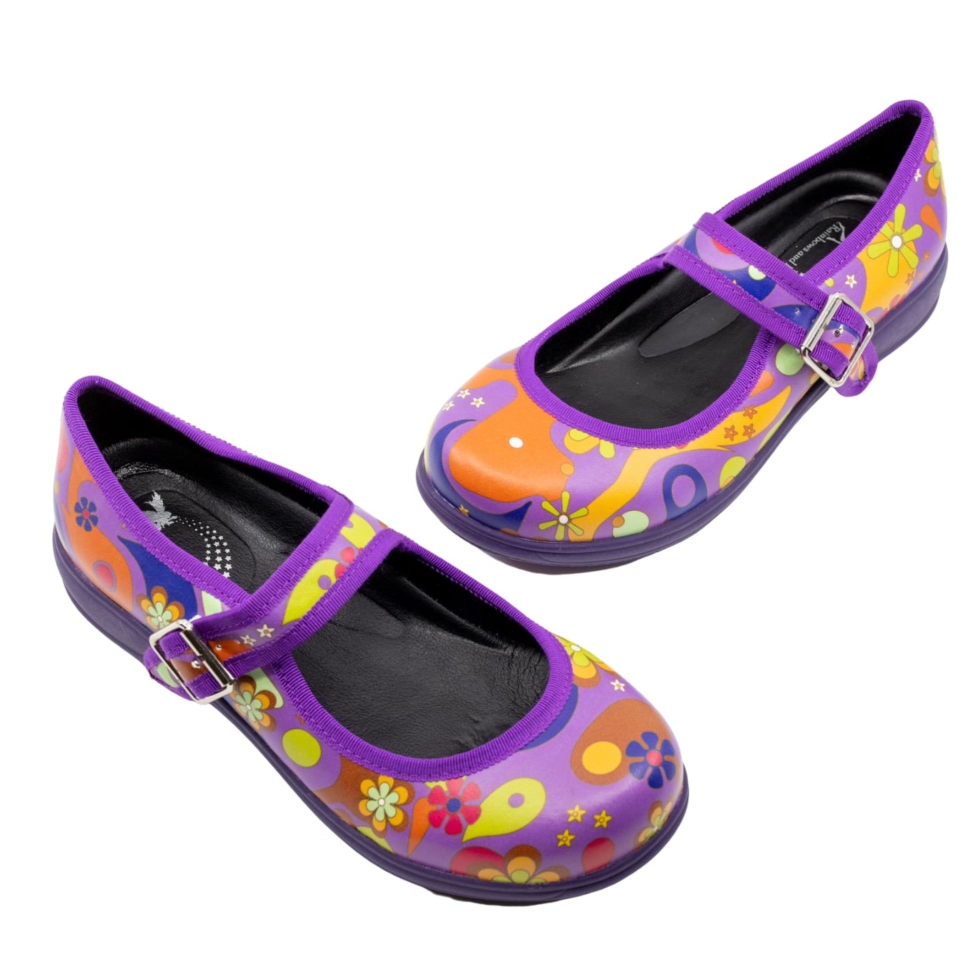 Flower Power Mary Janes by RainbowsAndFairies.com.au (Floral Print - Woodstock - Pyschedelic - Mary Janes - Mismatched Shoes - Buckle Up Shoes - Cute) - SKU: FW_MARYJ_FLOPO_ORG - Pic-01