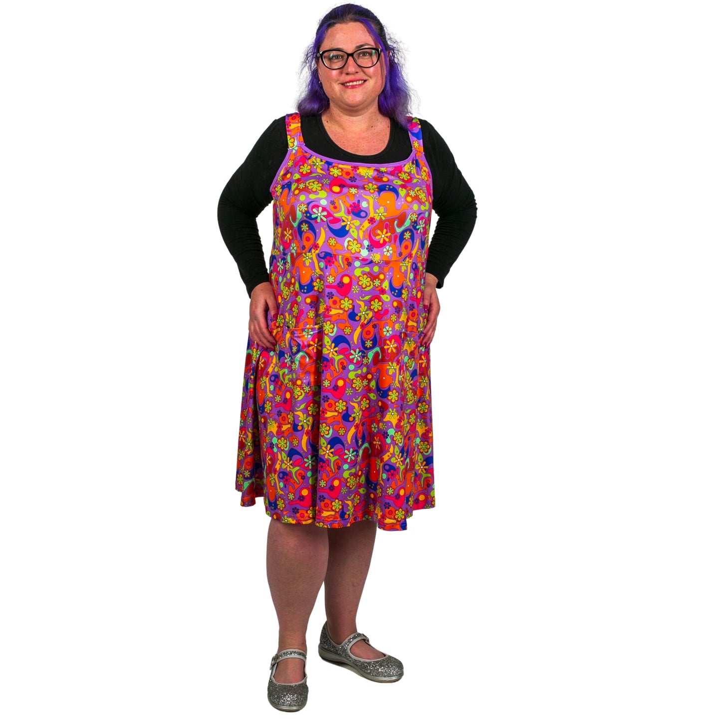 Flower Power Pinafore by RainbowsAndFairies.com.au (Psychedelic - Woodstock - Dress With Pockets - Vintage Inspired - Kitsch) - SKU: CL_PFORE_FLOPO_ORG - Pic-01