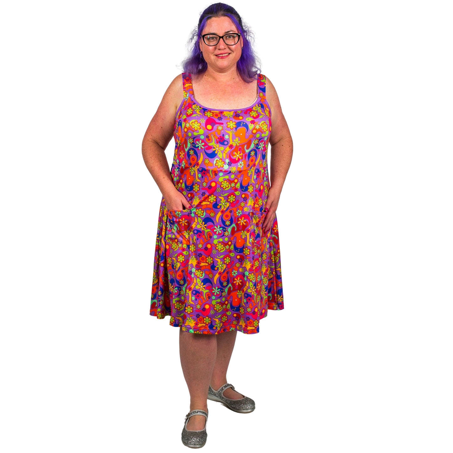 Flower Power Pinafore by RainbowsAndFairies.com.au (Psychedelic - Woodstock - Dress With Pockets - Vintage Inspired - Kitsch) - SKU: CL_PFORE_FLOPO_ORG - Pic-02