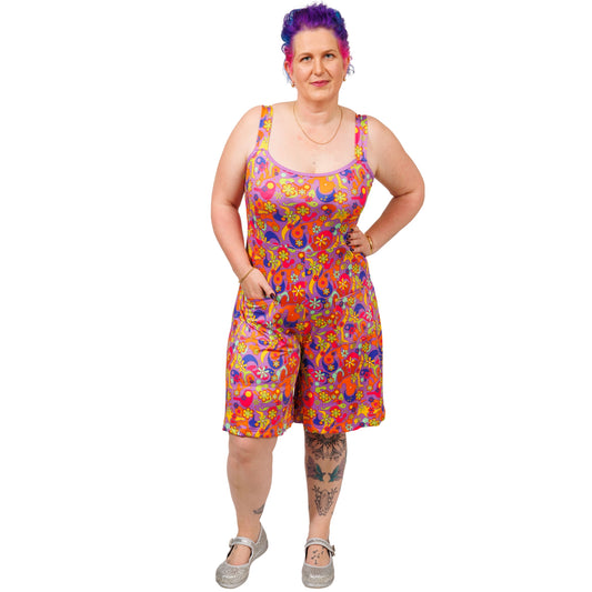 Flower Power Romper by RainbowsAndFairies.com.au (Psychedelic - Woodstock - Floral - Playsuit - Shorts - Kitsch - Rockabilly) - SKU: CL_ROMPR_FLOPO_ORG - Pic-03