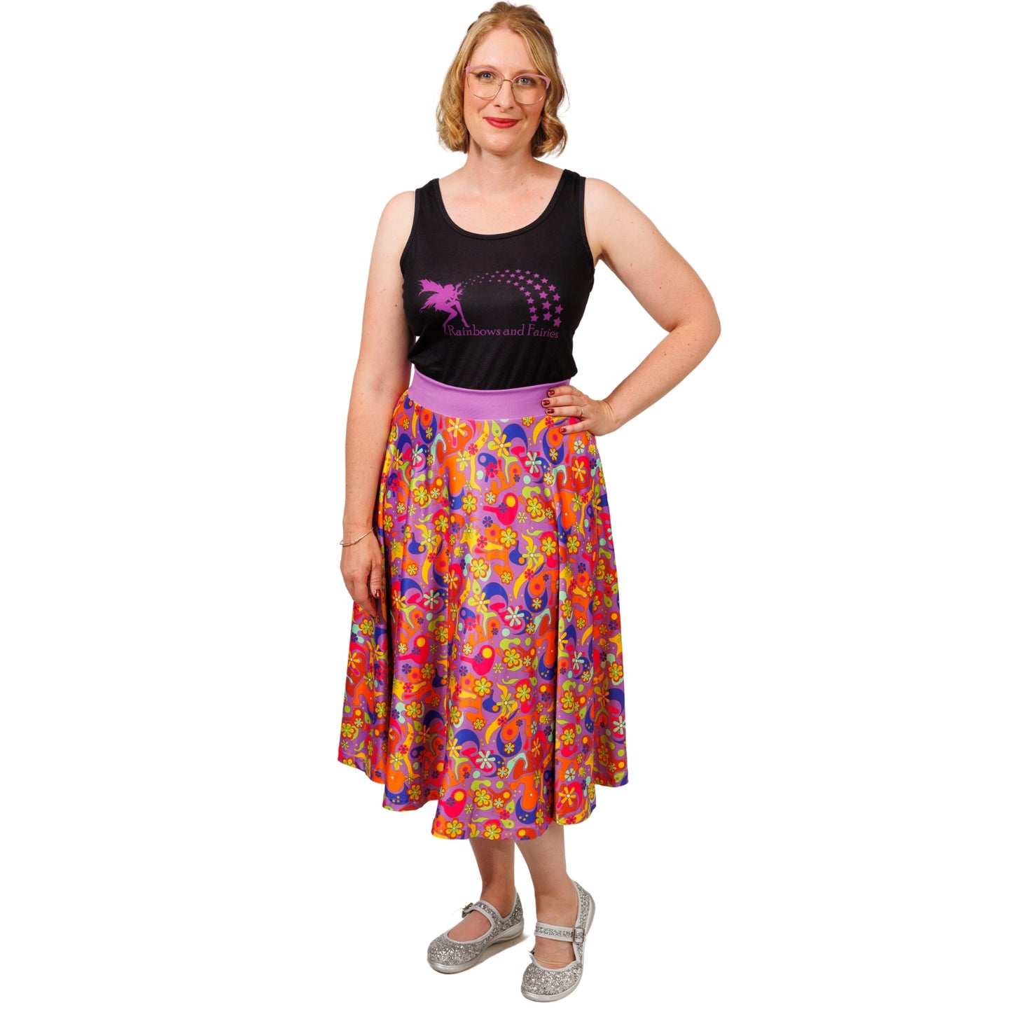 Flower Power Swishy Skirt by RainbowsAndFairies.com.au (Floral Print - Woodstock - Psychedelic - Circle Skirt - Kitsch - Retro - Skirt With Pockets) - SKU: CL_SWISH_FLOPO_ORG - Pic-02