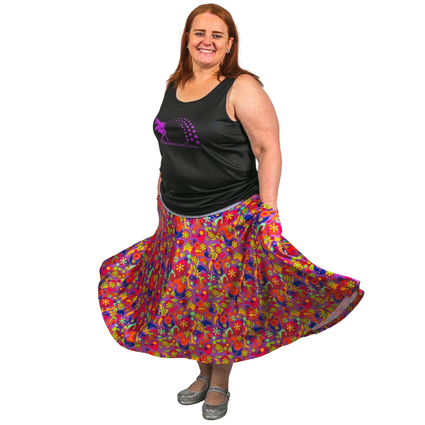 Flower Power Swishy Skirt by RainbowsAndFairies.com.au (Floral Print - Woodstock - Psychedelic - Circle Skirt - Kitsch - Retro - Skirt With Pockets) - SKU: CL_SWISH_FLOPO_ORG - Pic-04