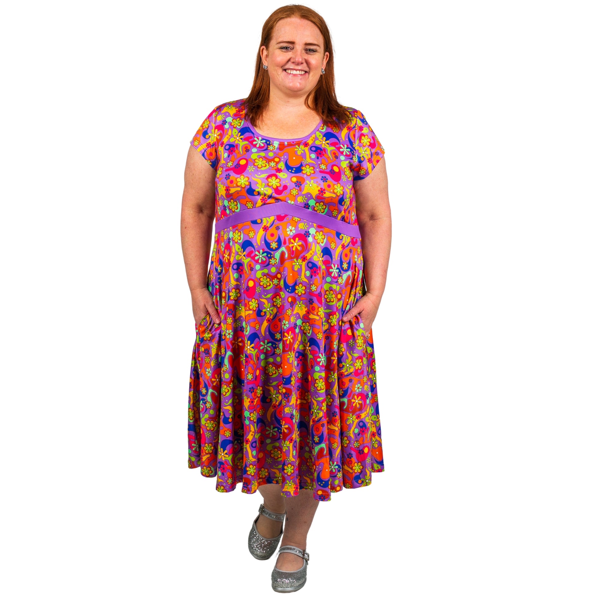 Flower Power Tea Dress by RainbowsAndFairies.com.au (Floral Print - Woodstock - Psychedelic - Dress With Pockets - Retro - Circle Skirt - Rockabilly) - SKU: CL_TEADR_FLOPO_ORG - Pic-01