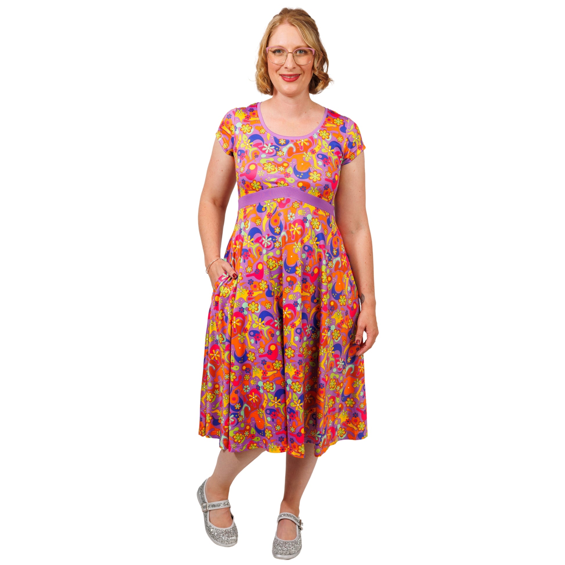 Flower Power Tea Dress by RainbowsAndFairies.com.au (Floral Print - Woodstock - Psychedelic - Dress With Pockets - Retro - Circle Skirt - Rockabilly) - SKU: CL_TEADR_FLOPO_ORG - Pic-04
