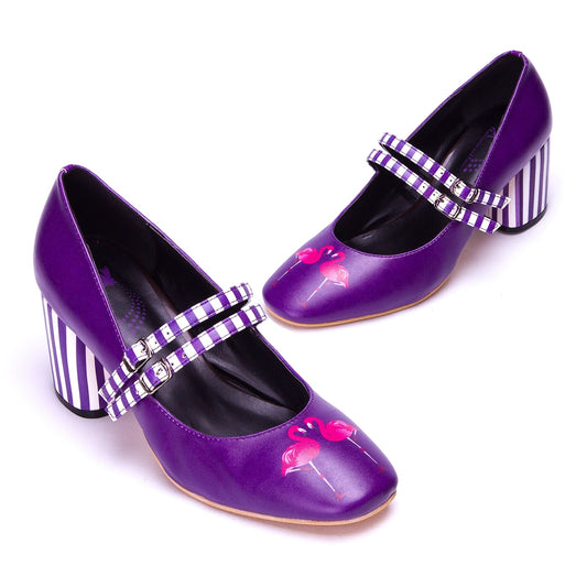 Frolicking Heels by RainbowsAndFairies.com (Flamingo - Purple - Stripes - Quirky Shoes - Comfy Heels - Kitten Heels) - SKU: FW_HEELS_FROLK_ORG - Pic 01