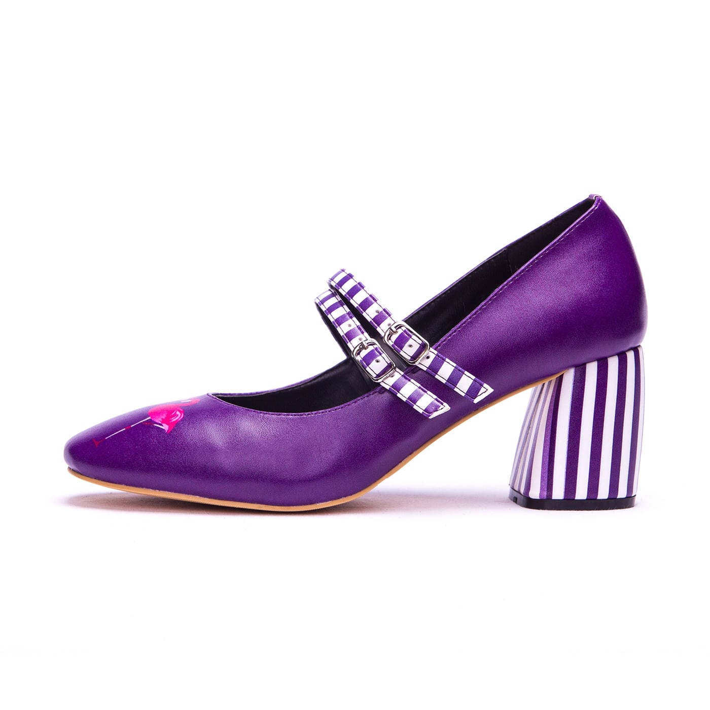 Frolicking Heels by RainbowsAndFairies.com (Flamingo - Purple - Stripes - Quirky Shoes - Comfy Heels - Kitten Heels) - SKU: FW_HEELS_FROLK_ORG - Pic 03