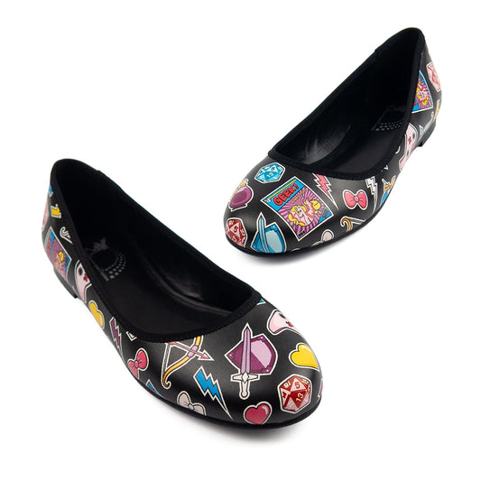 Geek Girl Ballet Flats by RainbowsAndFairies.com (Gaming - Dungeons & Dragons - Comic Book - Mismatched Shoes - Quirky Shoes - Slip Ones - Comfy Flats - Cute Shoes) - SKU: FW_BALET_GEEKG_ORG - Pic 01