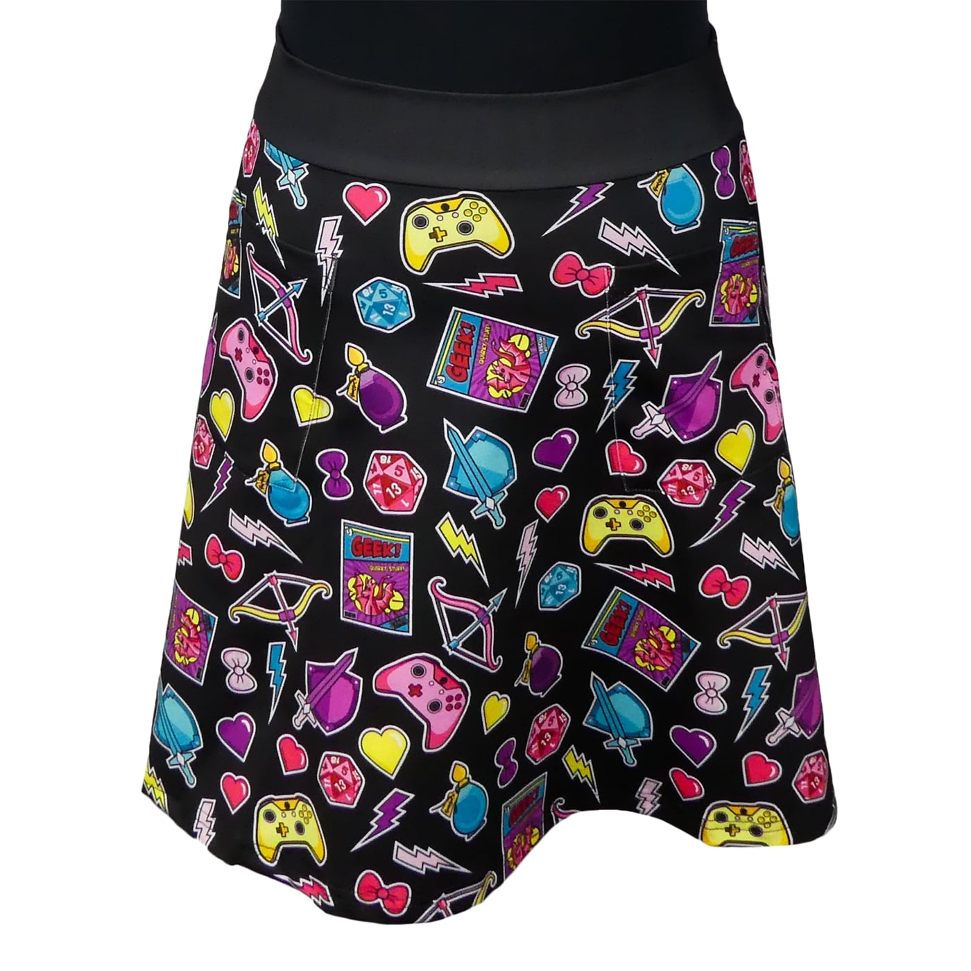 Geek Girl Short Skirt by RainbowsAndFairies.com (Gaming - Dungeons Dragons - Comic Book - Aline Skirt With Pockets - Cute - Flirty - Vintage Inspired - Rock & Roll) - SKU: CL_SHORT_GEEKG_ORG - Pic 01
