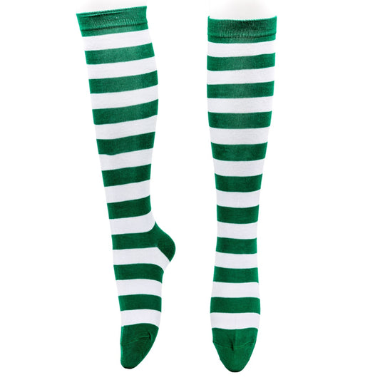 Green & White Stripe Knee High Socks by RainbowsAndFairies.com.au (Stripe Long Socks - Rainbow - Stockings - Colourful Socks - Vintage Inspired) - SKU: FW_SOCKS_STRIPE_G&W - Pic-01