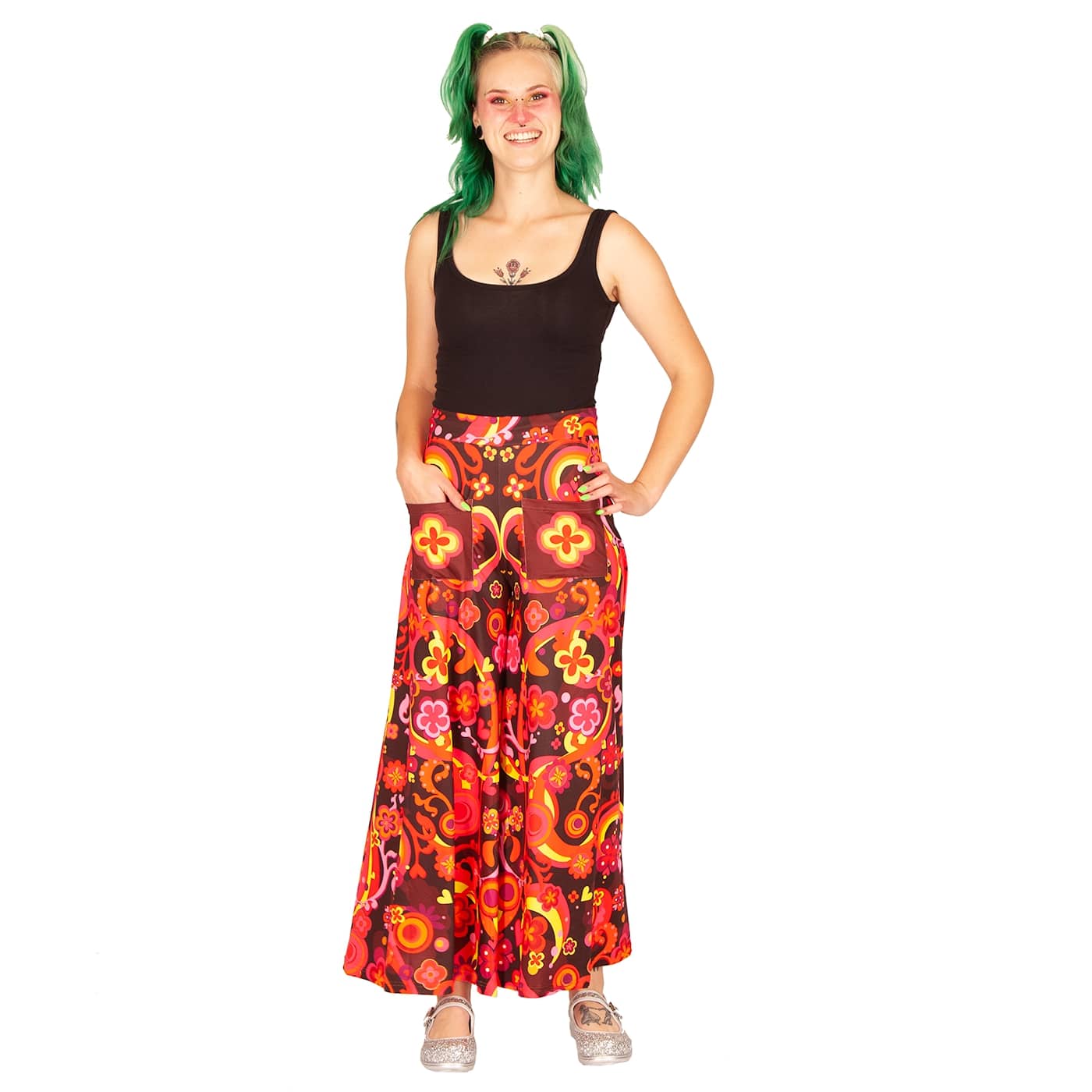 Groovy Days Wide Leg Pants by RainbowsAndFairies.com (Woodstock - Flower Power - Psychedelic - Hippy - Pallazo Pants - Flares Bell Bottoms - Vintage Inspired - Pants With Pockets) - SKU: CL_WIDEL_GROOV_DAY - Pic 02
